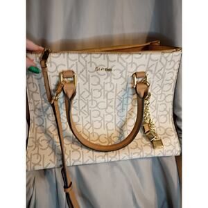 Calvin Klein X1112 Womens Monogram Satchel Almond/Khaki Satchel Handbag